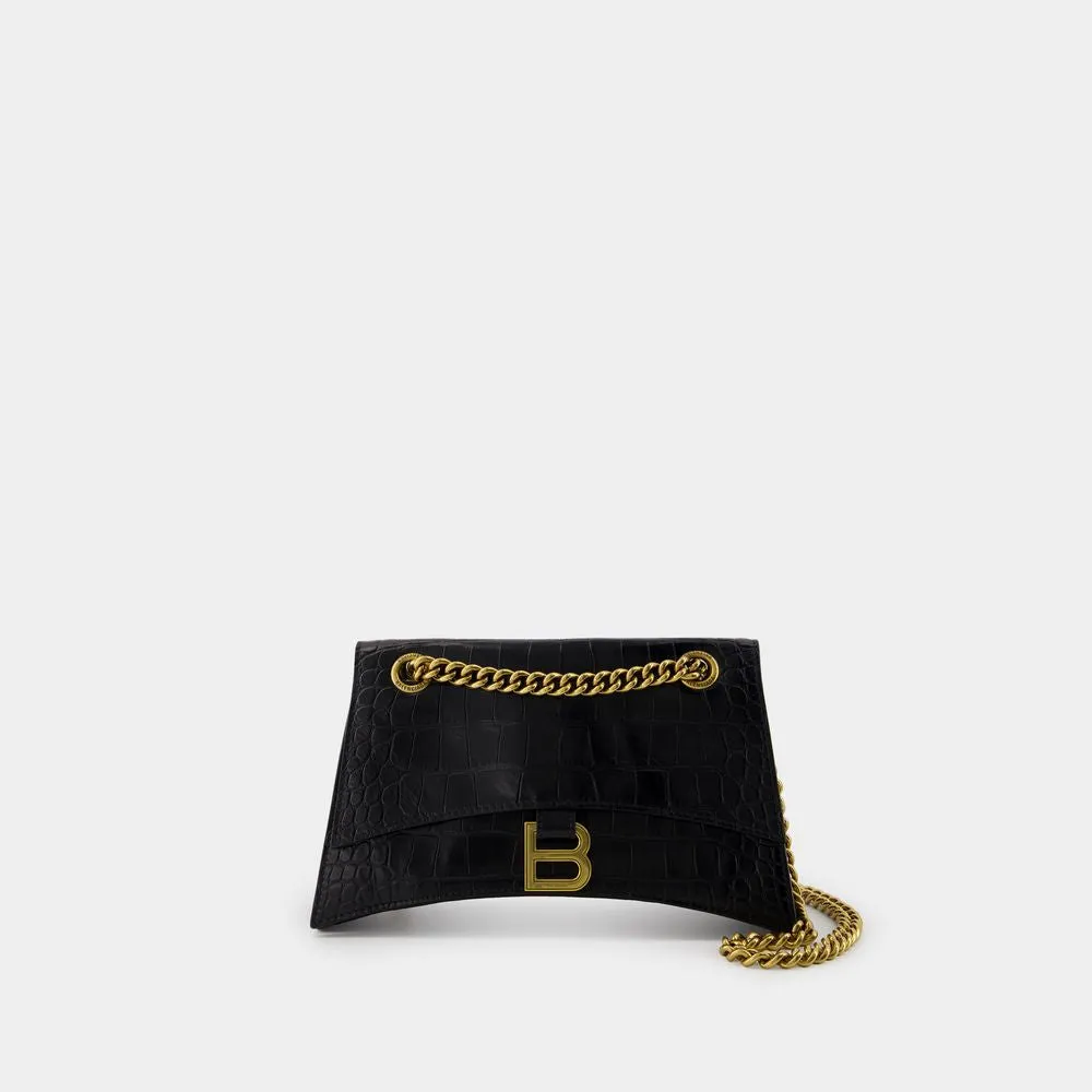 BALENCIAGA CRUSH CHAIN SMALL BAG IN CROCODILE-EMBOSSED LEATHER.? DIMENSIONS: L24.9 X H14 X W7.9 CM.? 49.8 CM LONG CHAIN SHOULDER STRAP.? CURVILINEAR BOTTOM.? AGED GOLD FINISH.? STUDDED MAGNET