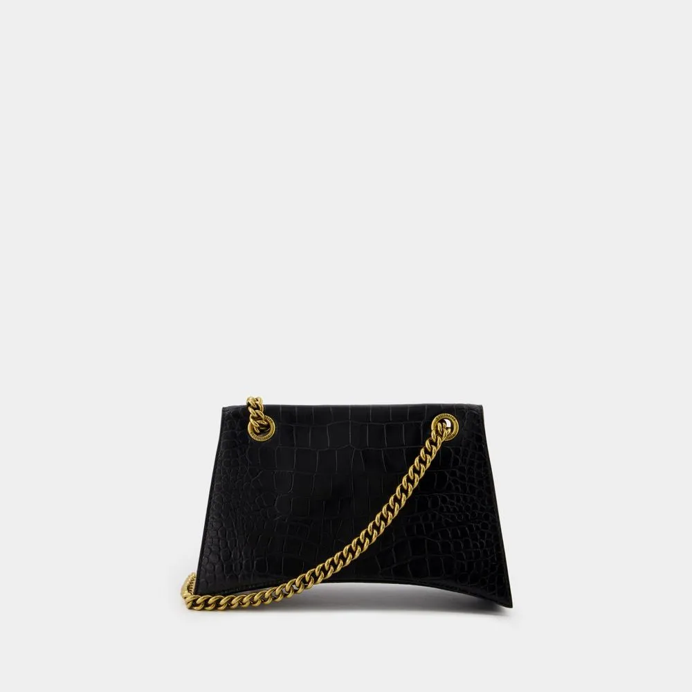 BALENCIAGA CRUSH CHAIN SMALL BAG IN CROCODILE-EMBOSSED LEATHER.? DIMENSIONS: L24.9 X H14 X W7.9 CM.? 49.8 CM LONG CHAIN SHOULDER STRAP.? CURVILINEAR BOTTOM.? AGED GOLD FINISH.? STUDDED MAGNET