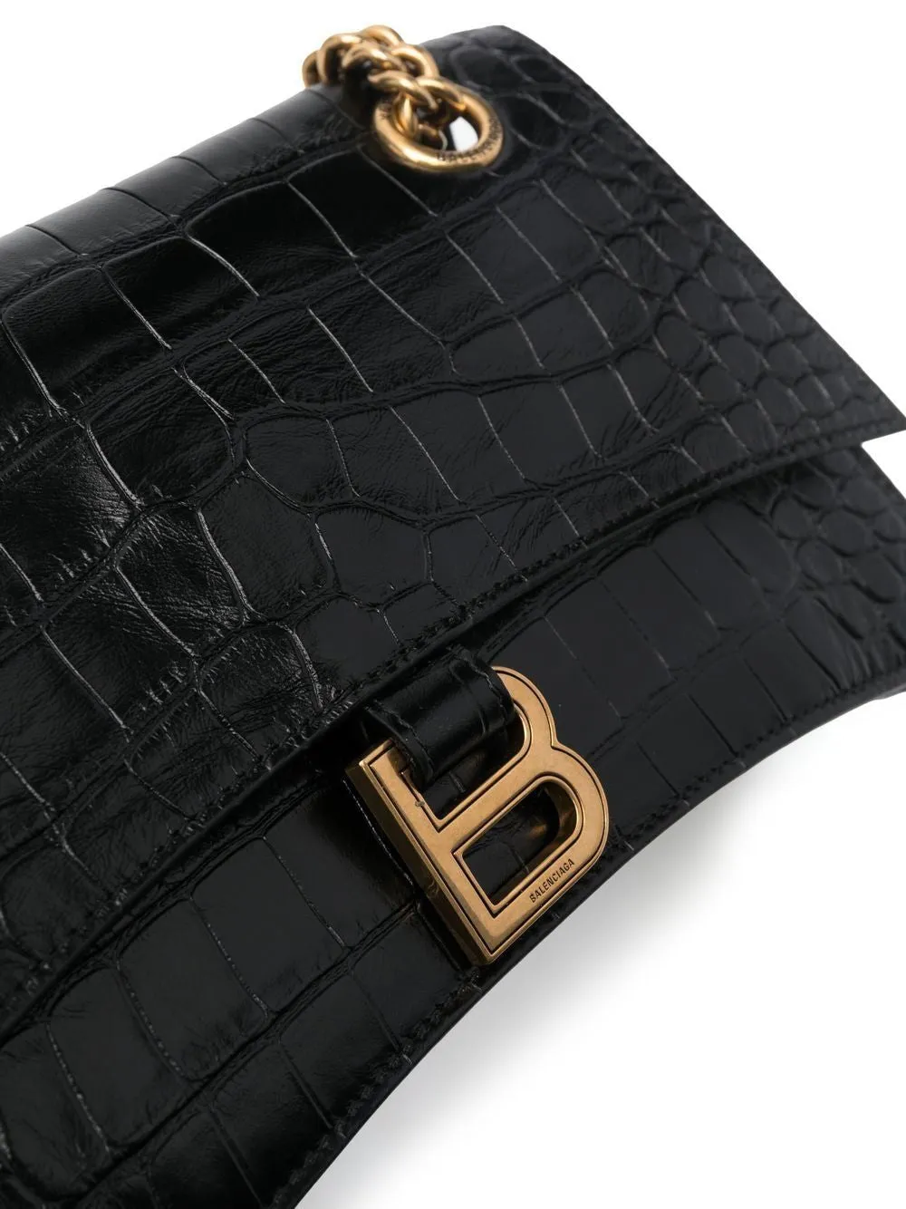 BALENCIAGA CRUSH CHAIN SMALL BAG IN CROCODILE-EMBOSSED LEATHER.? DIMENSIONS: L24.9 X H14 X W7.9 CM.? 49.8 CM LONG CHAIN SHOULDER STRAP.? CURVILINEAR BOTTOM.? AGED GOLD FINISH.? STUDDED MAGNET