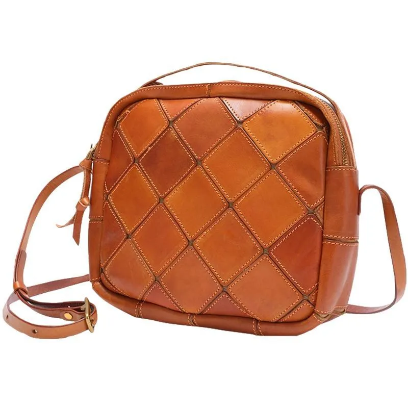 Brown Mosaic Womens Genuine Leather Shoulder Bag Handbag Bag Vintage Side Bag for Ladies