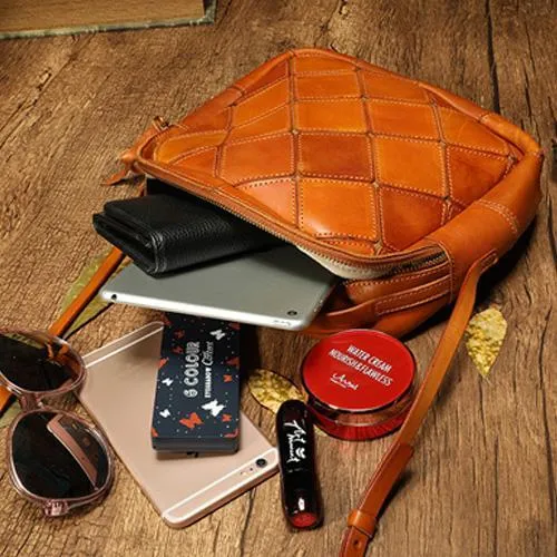Brown Mosaic Womens Genuine Leather Shoulder Bag Handbag Bag Vintage Side Bag for Ladies