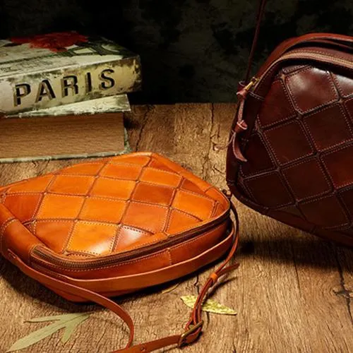 Brown Mosaic Womens Genuine Leather Shoulder Bag Handbag Bag Vintage Side Bag for Ladies