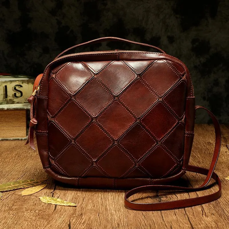 Brown Mosaic Womens Genuine Leather Shoulder Bag Handbag Bag Vintage Side Bag for Ladies