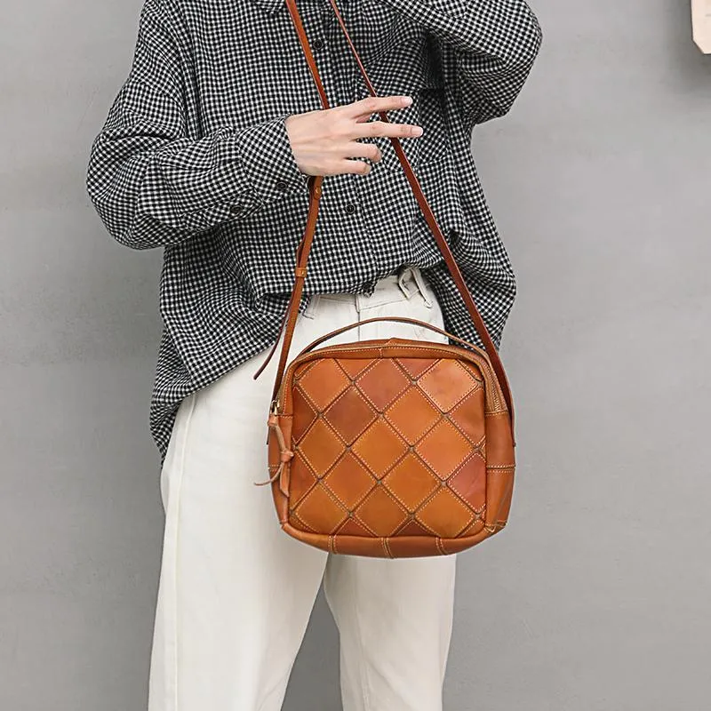 Brown Mosaic Womens Genuine Leather Shoulder Bag Handbag Bag Vintage Side Bag for Ladies
