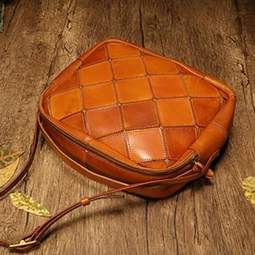 Brown Mosaic Womens Genuine Leather Shoulder Bag Handbag Bag Vintage Side Bag for Ladies