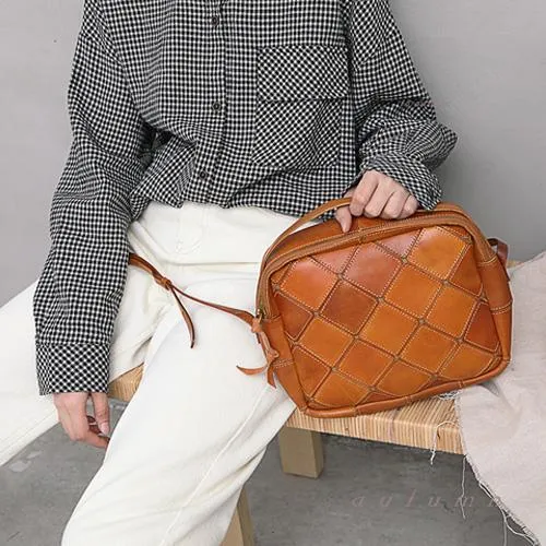 Brown Mosaic Womens Genuine Leather Shoulder Bag Handbag Bag Vintage Side Bag for Ladies