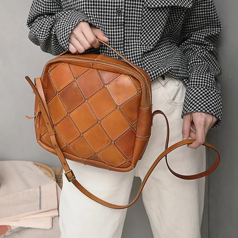 Brown Mosaic Womens Genuine Leather Shoulder Bag Handbag Bag Vintage Side Bag for Ladies