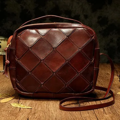 Brown Mosaic Womens Genuine Leather Shoulder Bag Handbag Bag Vintage Side Bag for Ladies