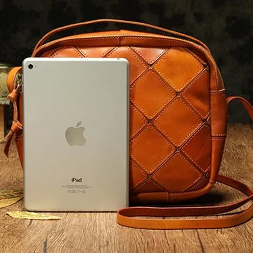 Brown Mosaic Womens Genuine Leather Shoulder Bag Handbag Bag Vintage Side Bag for Ladies