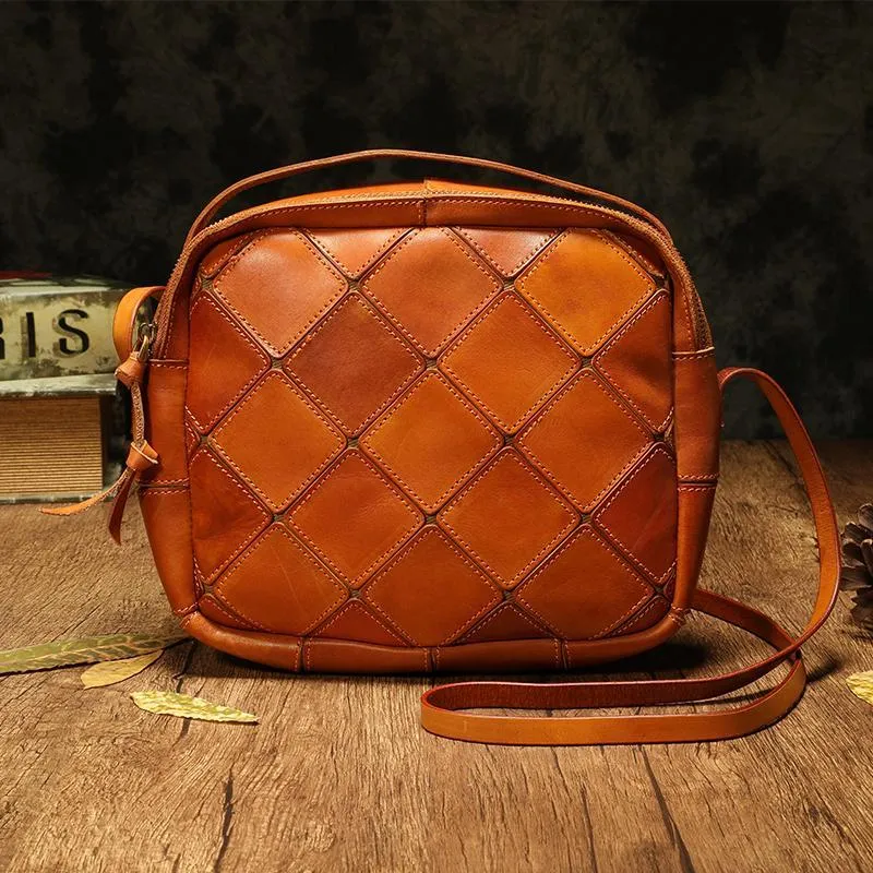Brown Mosaic Womens Genuine Leather Shoulder Bag Handbag Bag Vintage Side Bag for Ladies