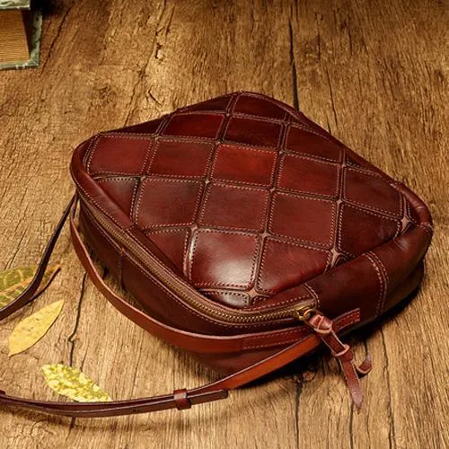 Brown Mosaic Womens Genuine Leather Shoulder Bag Handbag Bag Vintage Side Bag for Ladies