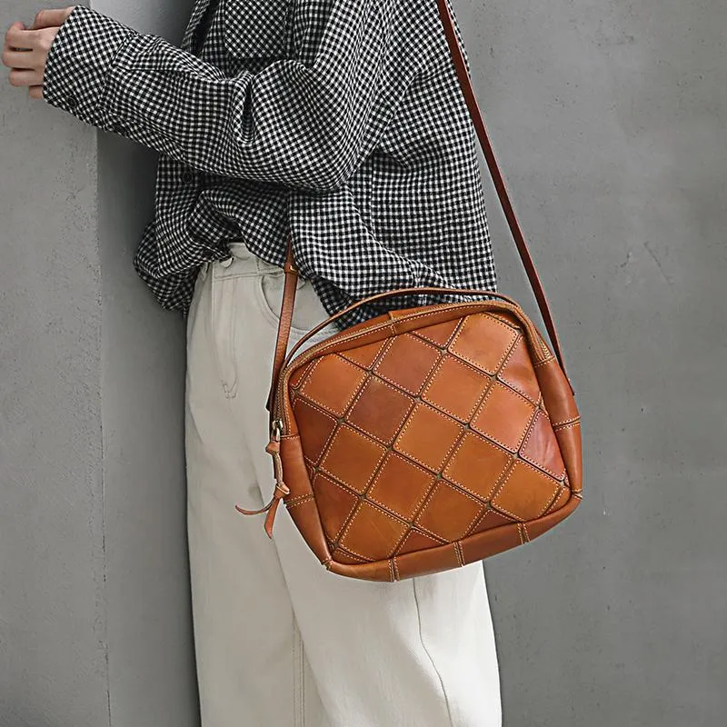 Brown Mosaic Womens Genuine Leather Shoulder Bag Handbag Bag Vintage Side Bag for Ladies