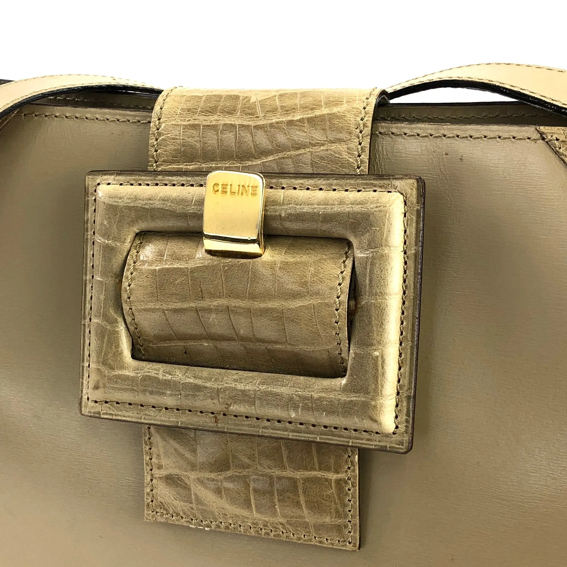 CELINE Crocodile emboss Square Leather Crossbody Shoulderbag Beige Vintage OldCELINE 7tbf3r