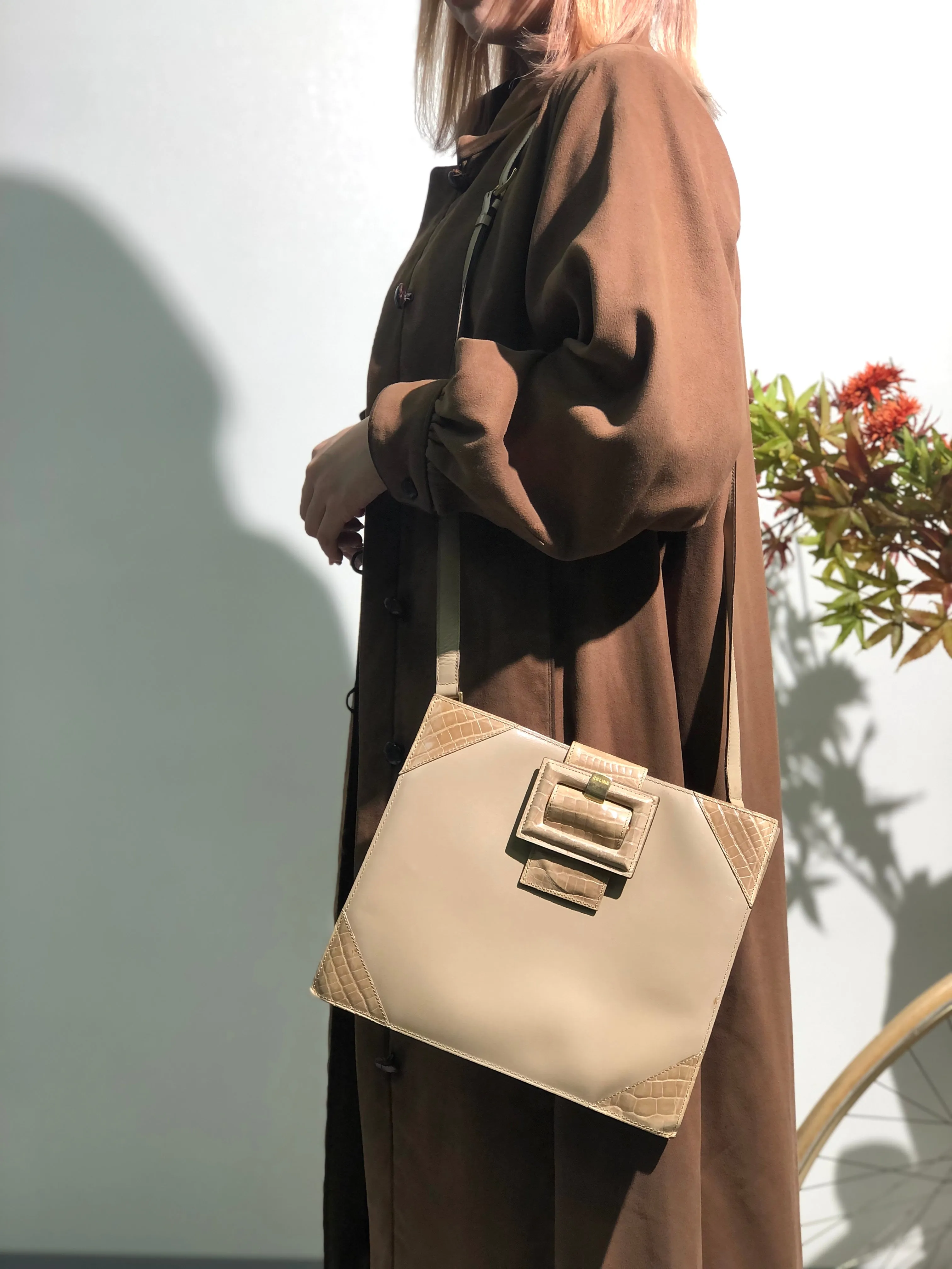 CELINE Crocodile emboss Square Leather Crossbody Shoulderbag Beige Vintage OldCELINE 7tbf3r