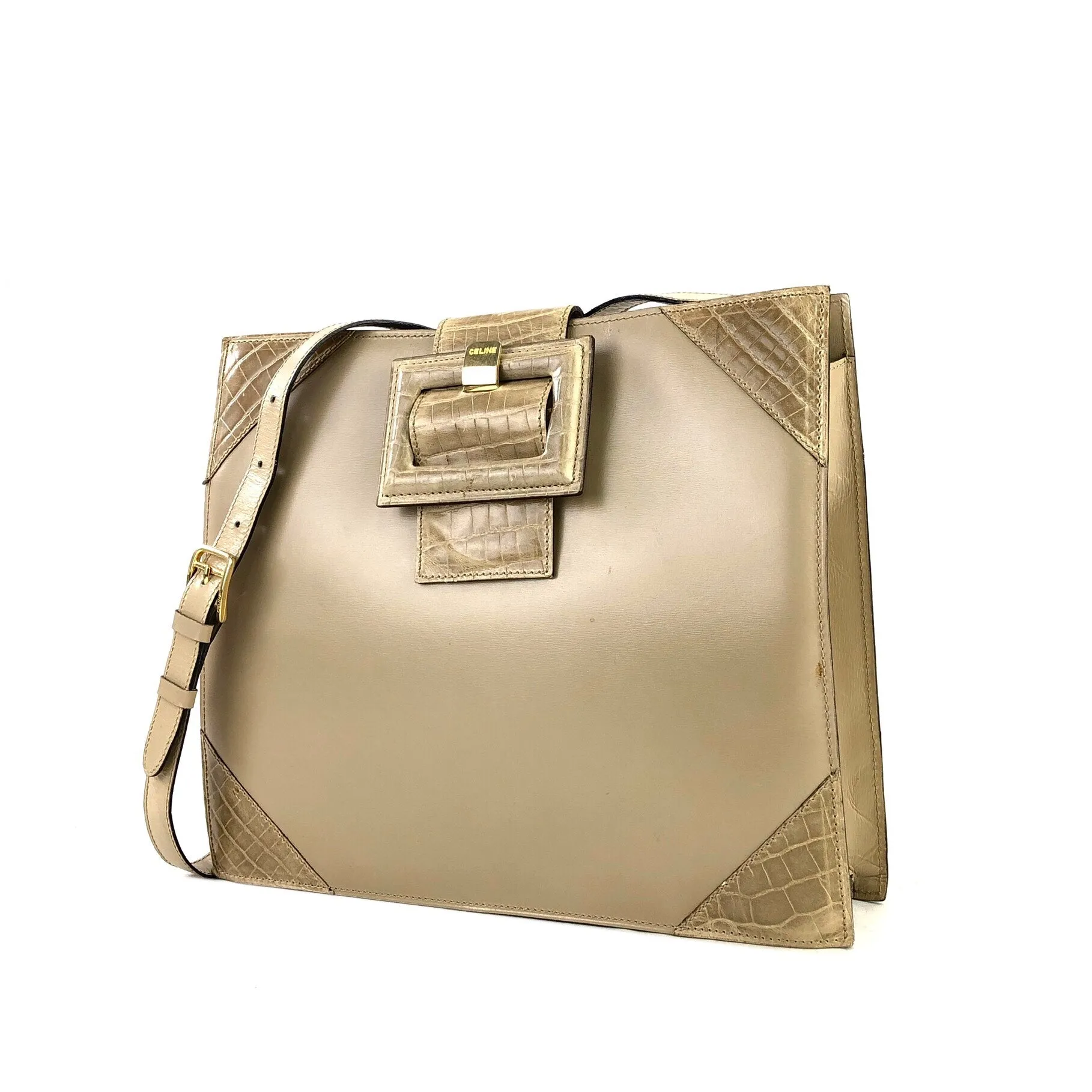 CELINE Crocodile emboss Square Leather Crossbody Shoulderbag Beige Vintage OldCELINE 7tbf3r