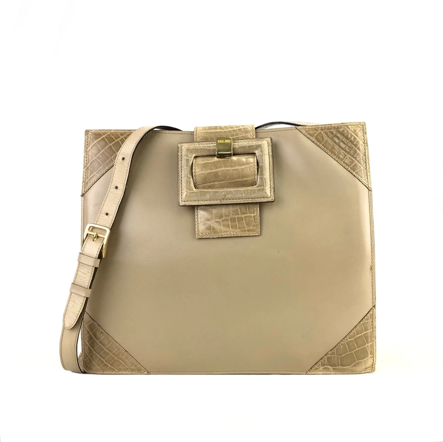 CELINE Crocodile emboss Square Leather Crossbody Shoulderbag Beige Vintage OldCELINE 7tbf3r