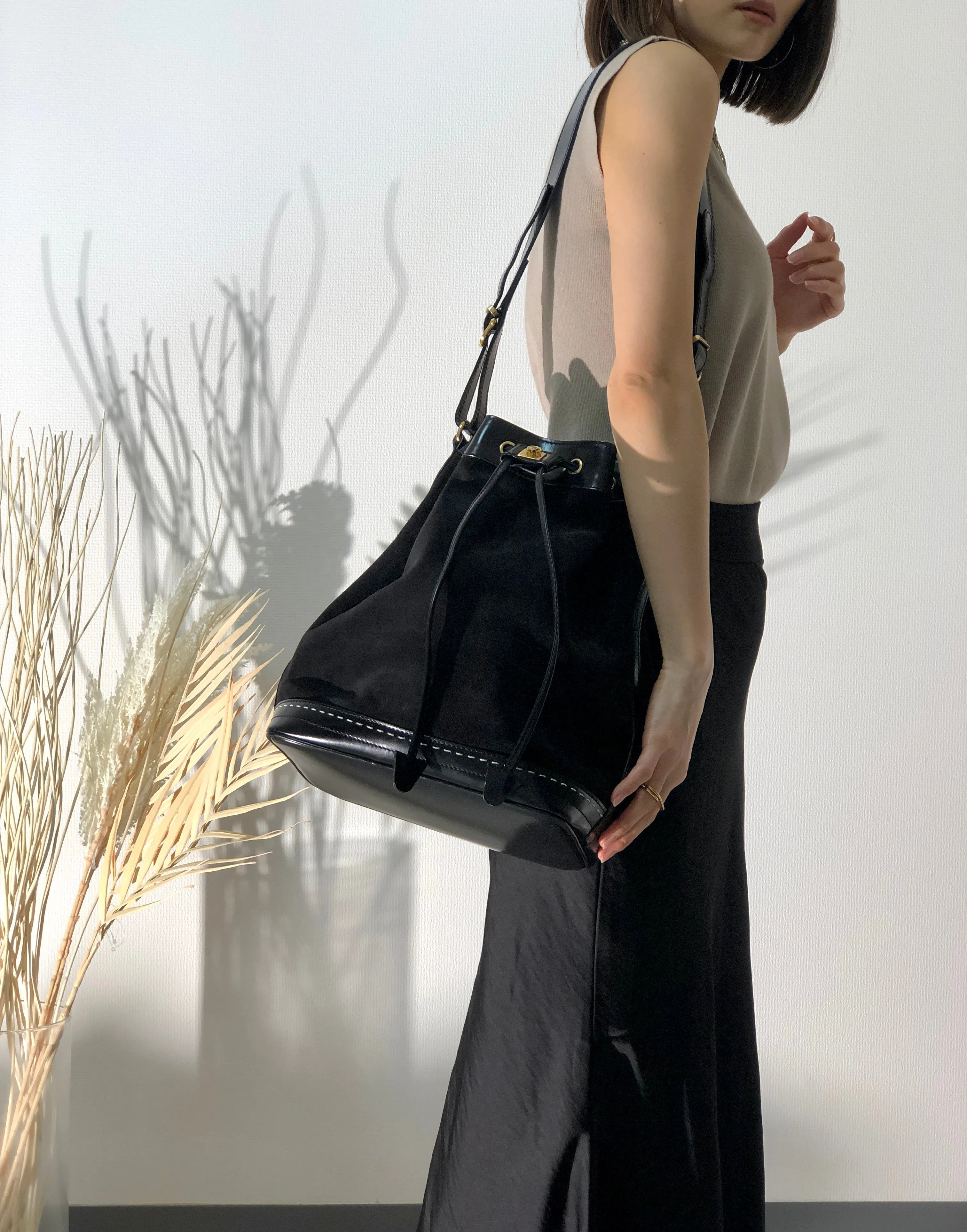 CELINE Gancini  Suede Leather Drawstring Shoulder bag Black Vintage swuscx