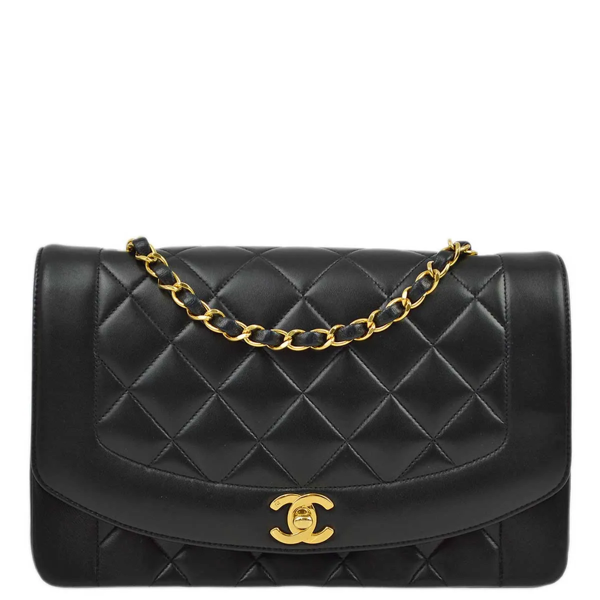 Chanel 1991-1994 Black Lambskin Medium Diana Shoulder Bag