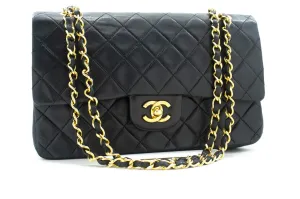 CHANEL Classic Double Flap 10" Chain Shoulder Bag Black Lambskin