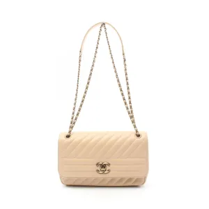 CHANEL Diagonal Quilted Flap Shoulder Bag, Goatskin, Women's, Beige