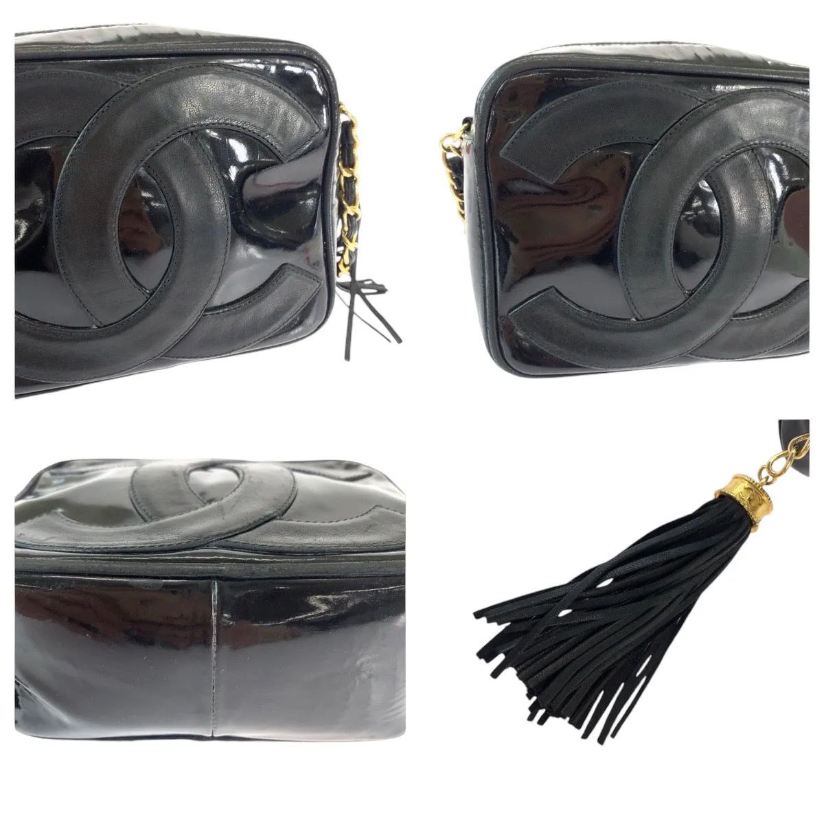 CHANEL Shoulder Bag Patent leather Black Gold Metal ChainShoulder Bag Pochette Camera Bag Big COCO Mark Tassel Fringe Women Used