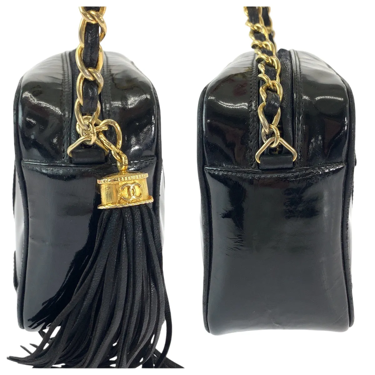 CHANEL Shoulder Bag Patent leather Black Gold Metal ChainShoulder Bag Pochette Camera Bag Big COCO Mark Tassel Fringe Women Used
