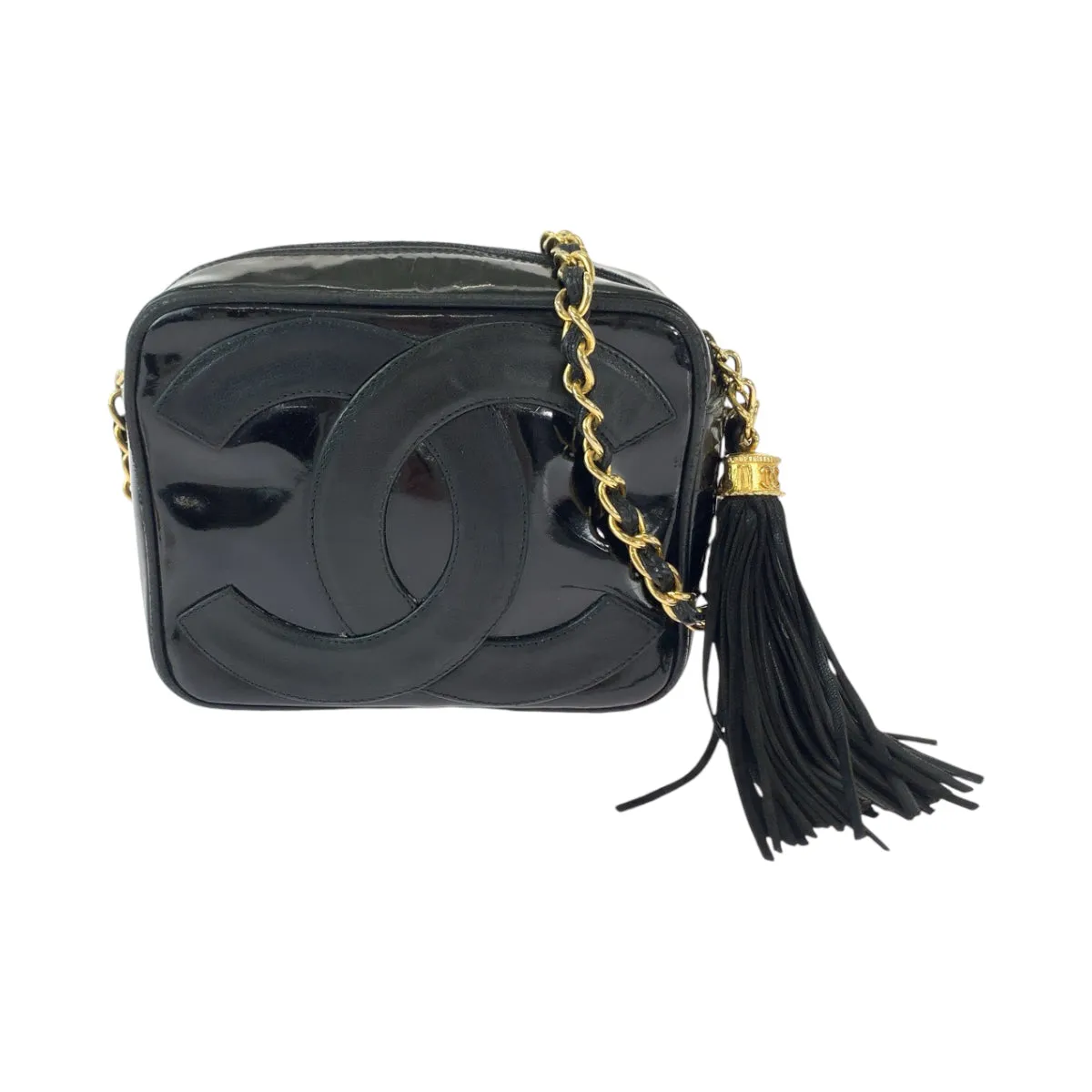 CHANEL Shoulder Bag Patent leather Black Gold Metal ChainShoulder Bag Pochette Camera Bag Big COCO Mark Tassel Fringe Women Used