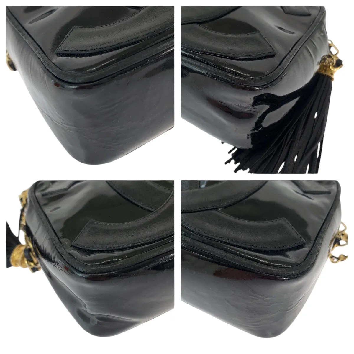 CHANEL Shoulder Bag Patent leather Black Gold Metal ChainShoulder Bag Pochette Camera Bag Big COCO Mark Tassel Fringe Women Used