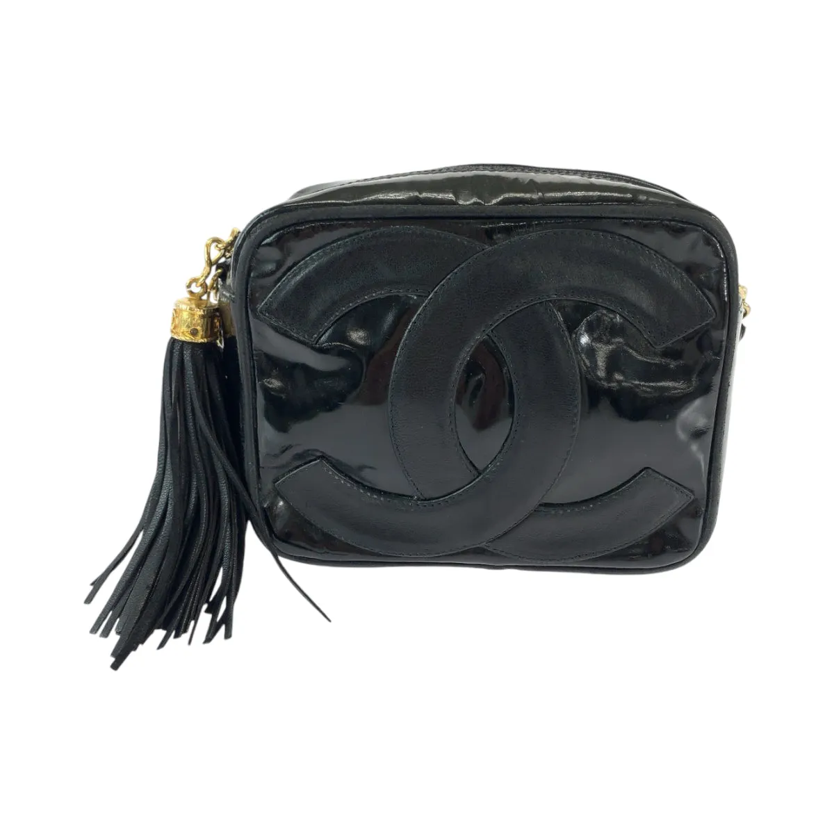 CHANEL Shoulder Bag Patent leather Black Gold Metal ChainShoulder Bag Pochette Camera Bag Big COCO Mark Tassel Fringe Women Used