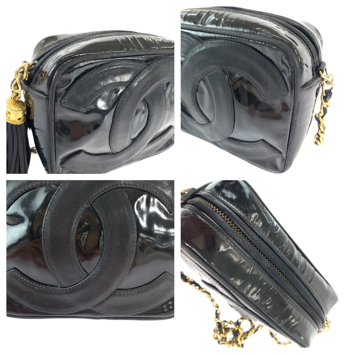 CHANEL Shoulder Bag Patent leather Black Gold Metal ChainShoulder Bag Pochette Camera Bag Big COCO Mark Tassel Fringe Women Used