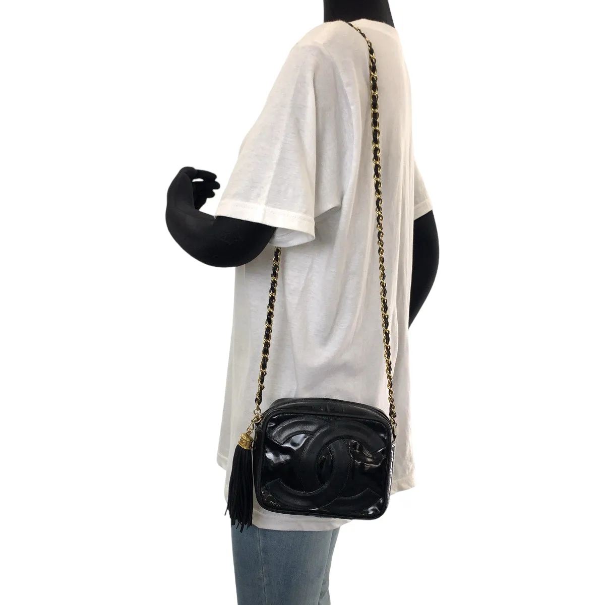 CHANEL Shoulder Bag Patent leather Black Gold Metal ChainShoulder Bag Pochette Camera Bag Big COCO Mark Tassel Fringe Women Used