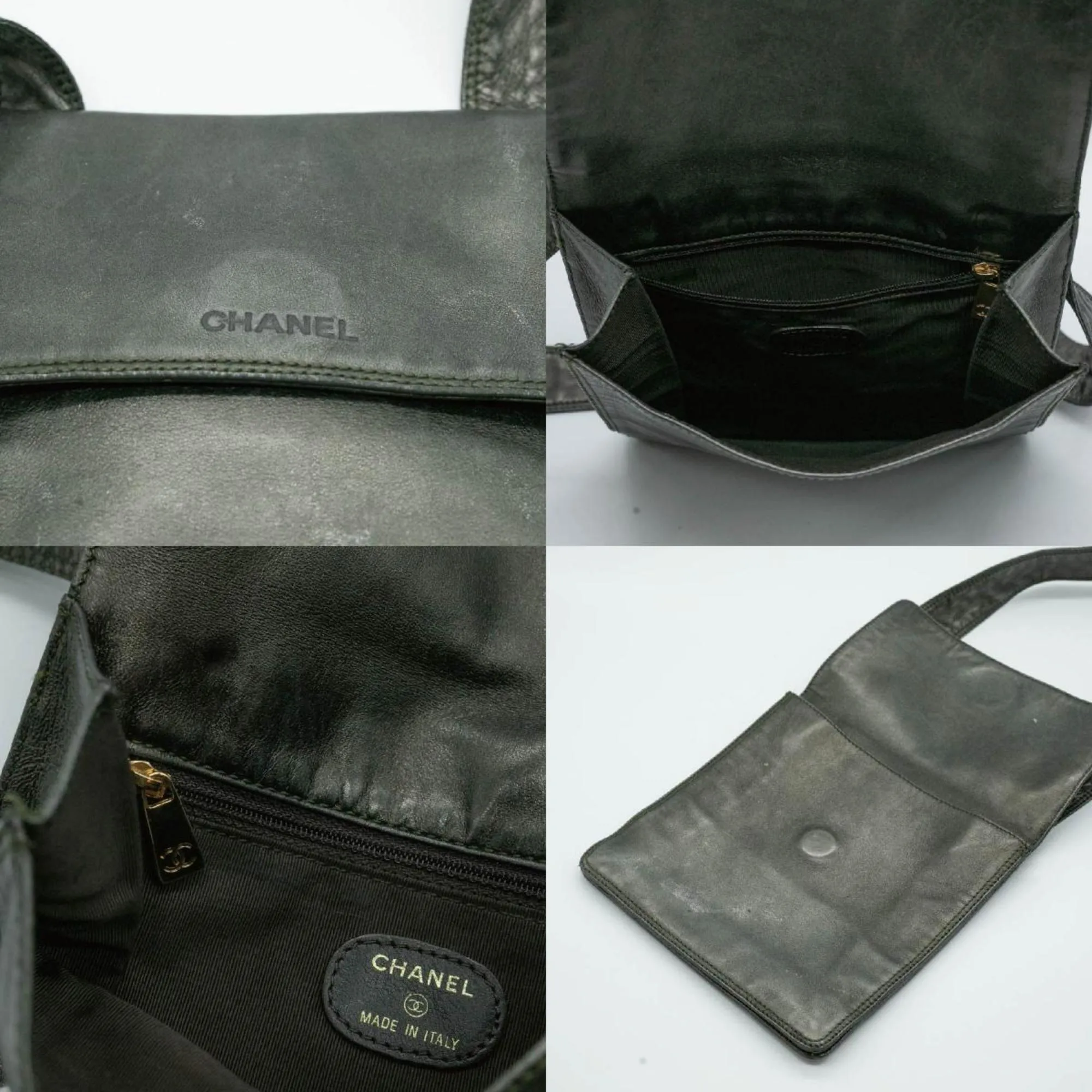 CHANEL Shoulder Bag Square Sacoche Lambskin Khaki Gold Men's Women's P16200 PD9