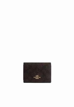 Coach Card Holder Wallet In Blocked Signature Canvas In Walnut Tan CZ446