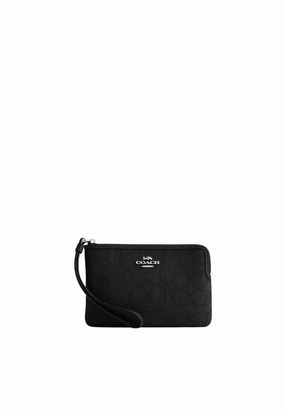 Coach Corner Zip Wristlet Signature Jacquard In Black CW862