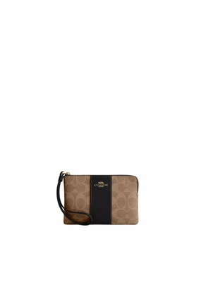 Coach Corner Zip Wristlet Signature With Stripe In Im Tan Black CW854