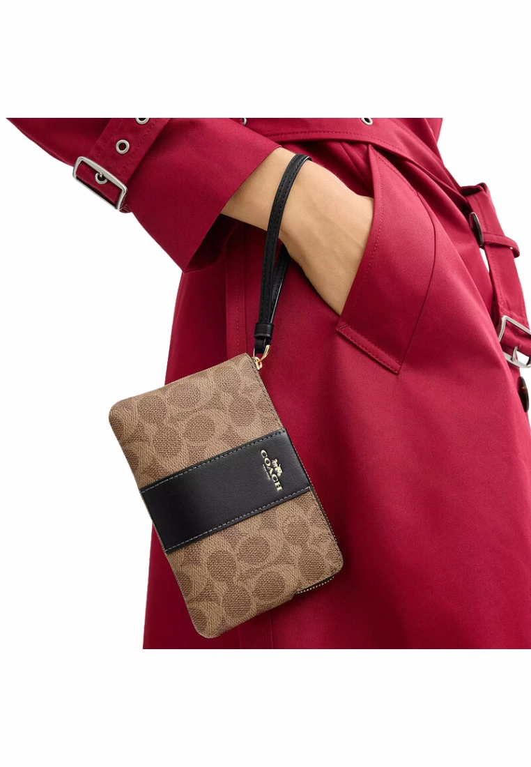 Coach Corner Zip Wristlet Signature With Stripe In Im Tan Black CW854