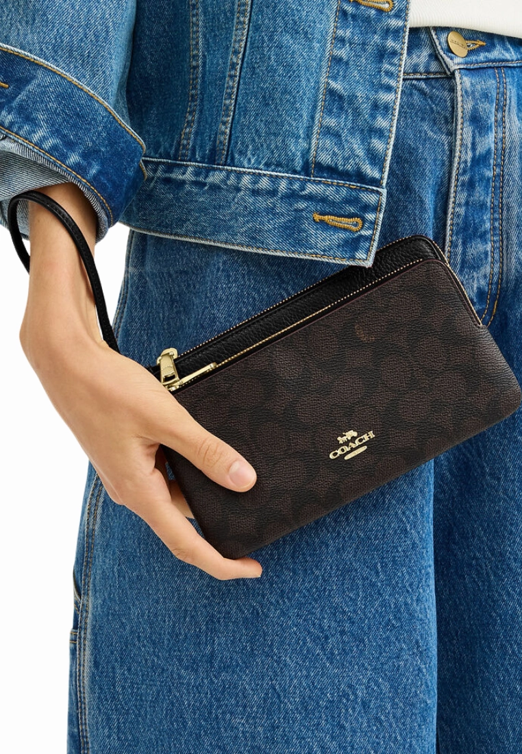 Coach Double Zip Wristlet Signature Canvas In Walnut Black CX161
