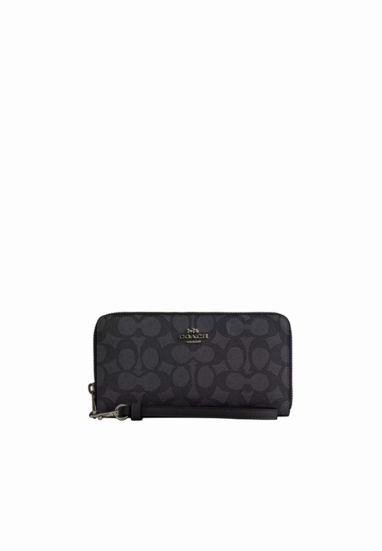 Coach Long Zip Around Wallet In Signature Canvas In Charcoal Black CW778