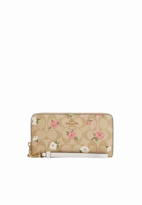 Coach Long Zip Around Wallet In Signature Canvas With Floral Print In Light Khaki CR966