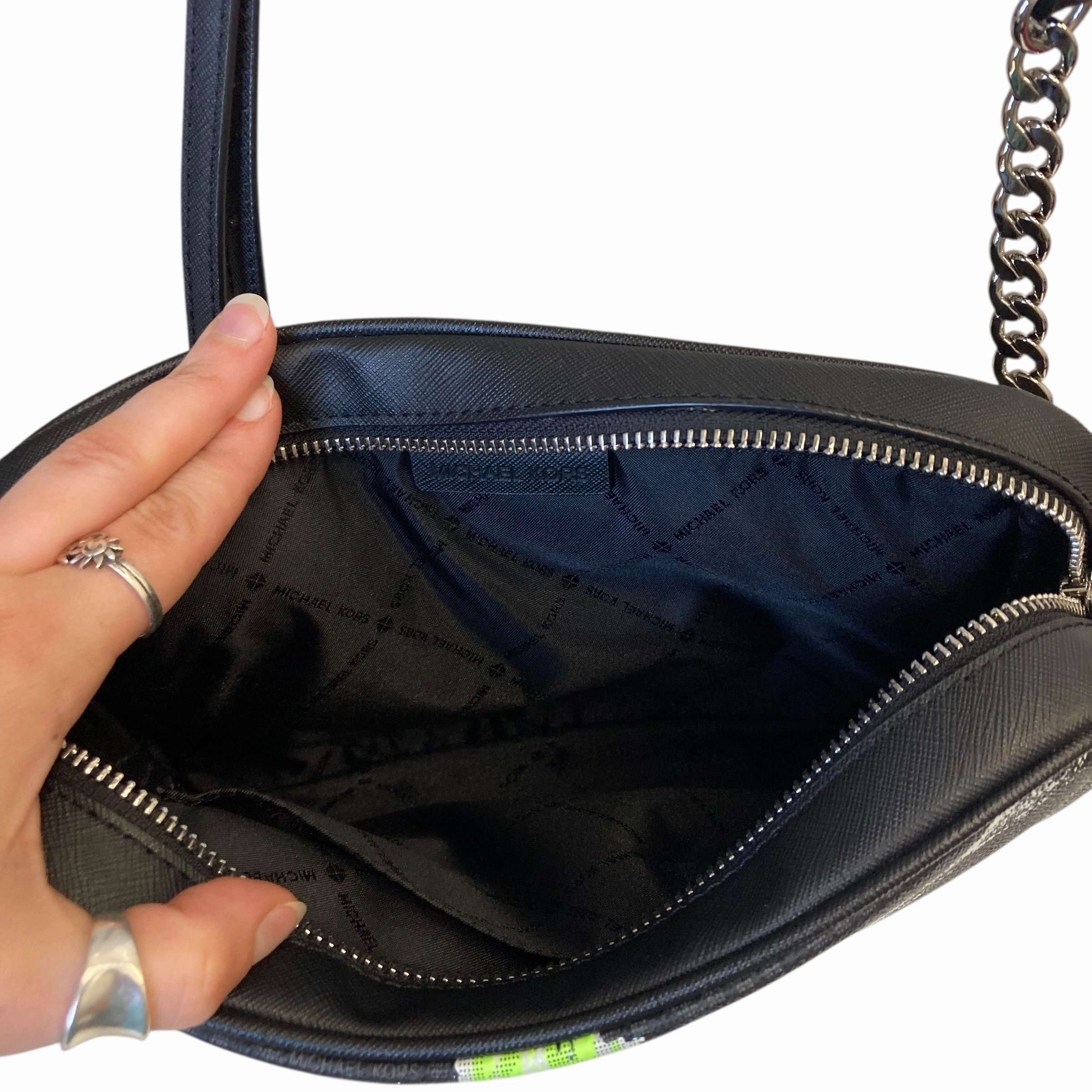 Crossbody Designer By Michael Kors In Black & White, Size:Medium
