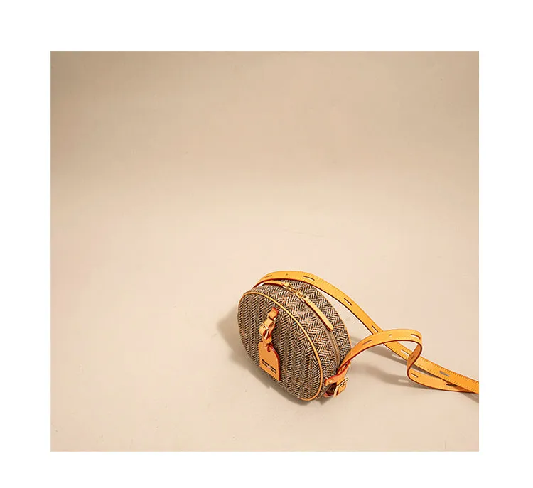 Cute Womens Small Blue Leather Tweed Round Crossbody Purse Handmade Round Shoulder Bag for Women