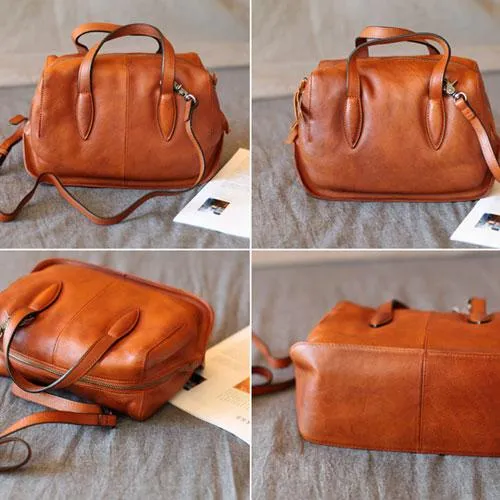 Fashion Women Brown Leather Boston Handbags Black Shoulder Bag Boston Crossbody Bags Purse