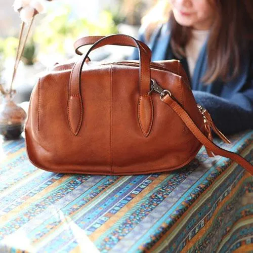 Fashion Women Brown Leather Boston Handbags Black Shoulder Bag Boston Crossbody Bags Purse