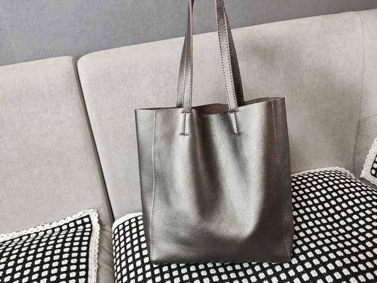 Fashion Womens Silver Leather Oversize Tote Bags Silver Shoulder Tote Bag Handbag Tote For Women