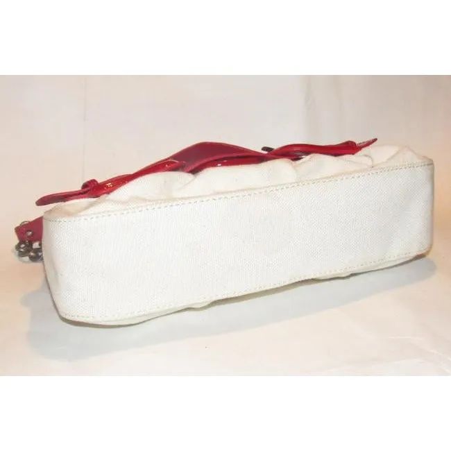 Fendi B Buckle Purses Ivory Canvas And Red Patent Leather Shoulder Bag
