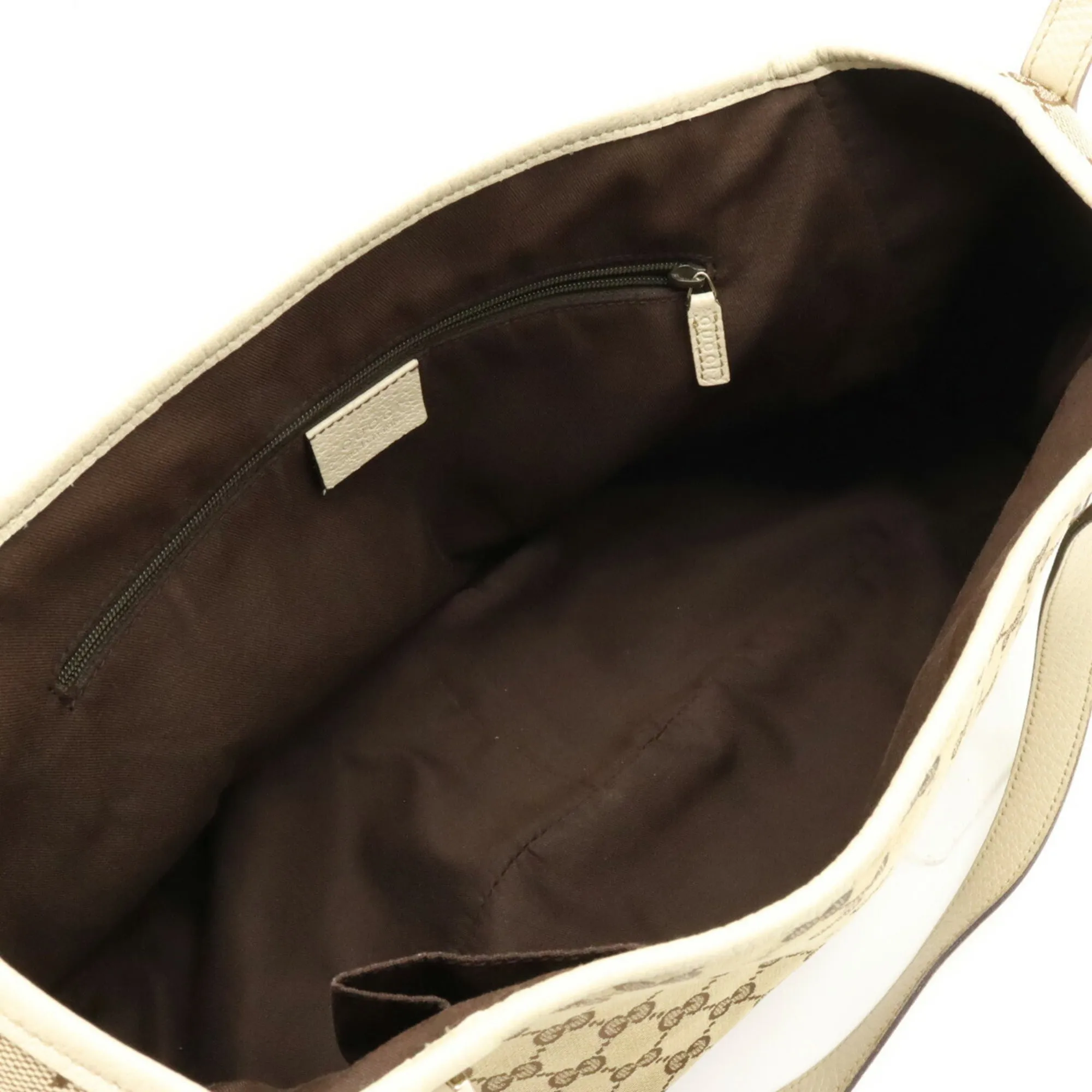 GUCCI GG Canvas Tote Bag Shoulder Leather Khaki Beige Light 130736