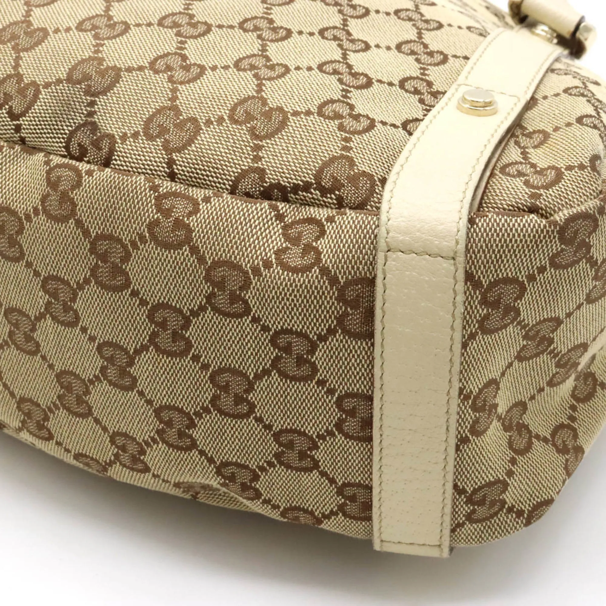 GUCCI GG Canvas Tote Bag Shoulder Leather Khaki Beige Light 130736