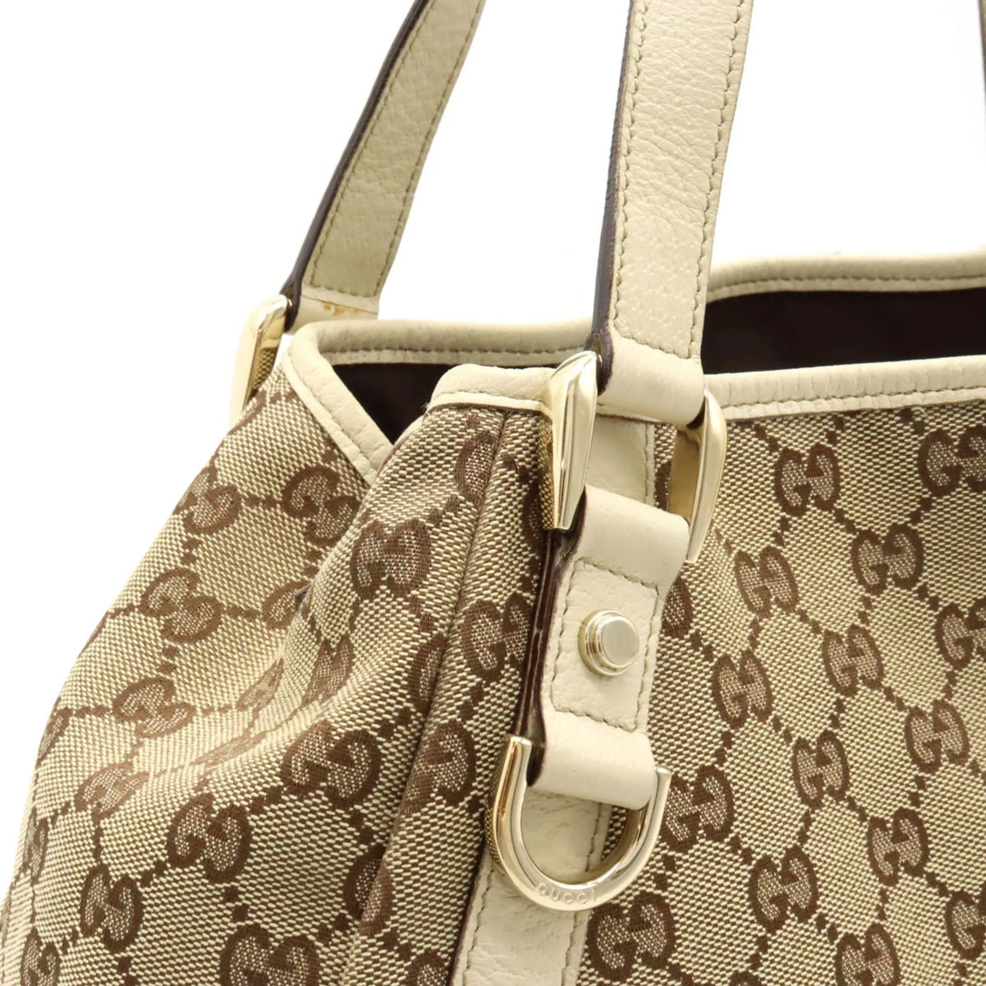 GUCCI GG Canvas Tote Bag Shoulder Leather Khaki Beige Light 130736