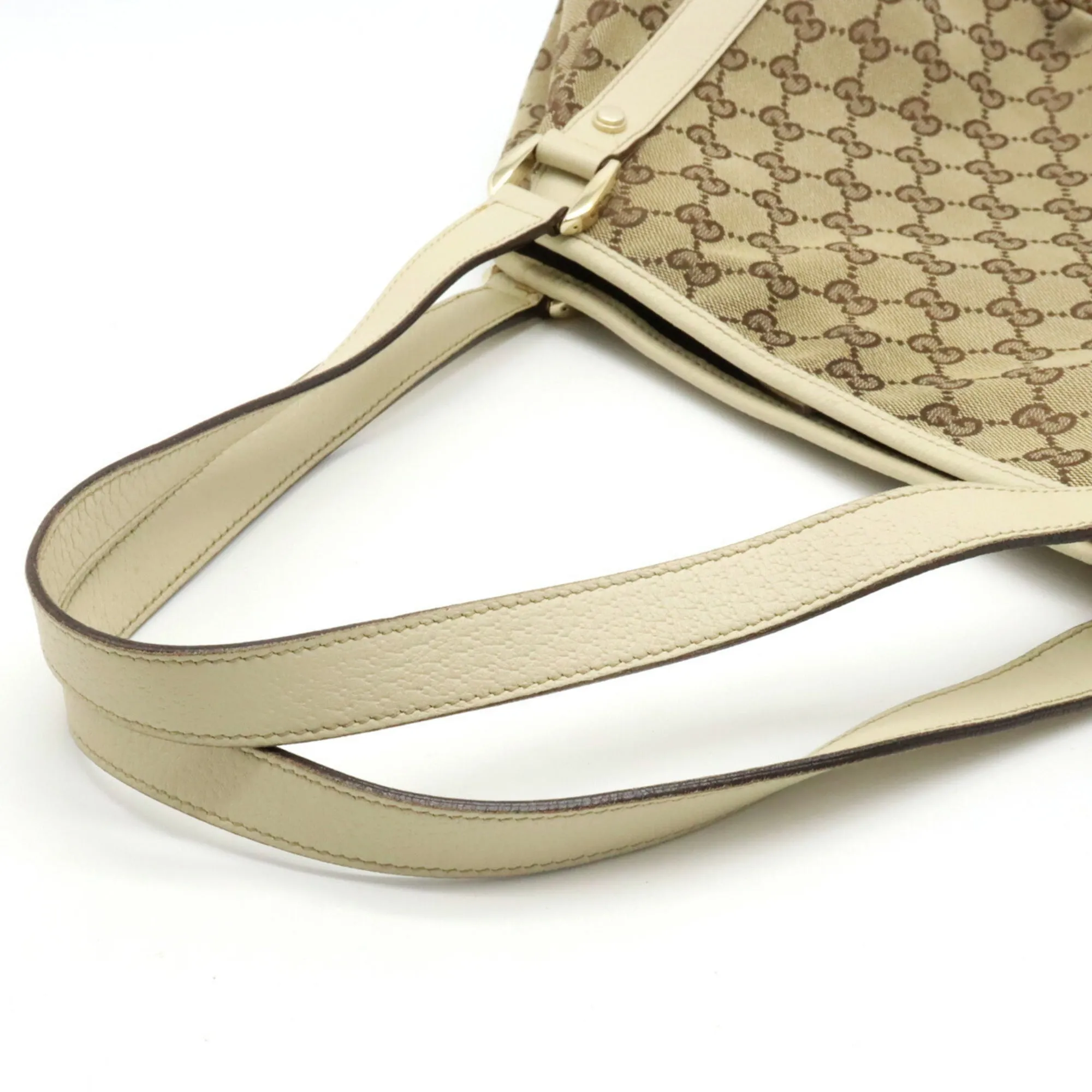 GUCCI GG Canvas Tote Bag Shoulder Leather Khaki Beige Light 130736