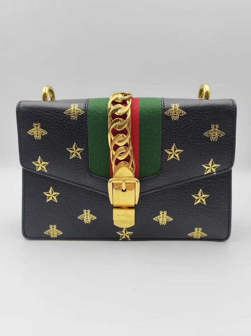 Gucci GG Supreme Bee and Star Black Leather Shoulder Bag